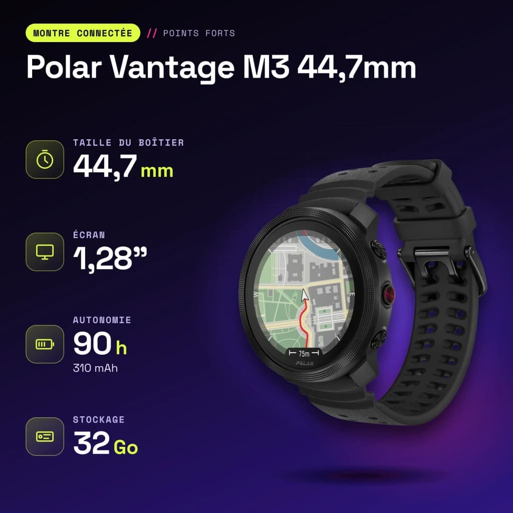 Polar Vantage M3 44,7mm GPS 90h FC, SpO2, Température Cutanée Noir - caractéristiques, 32 GB