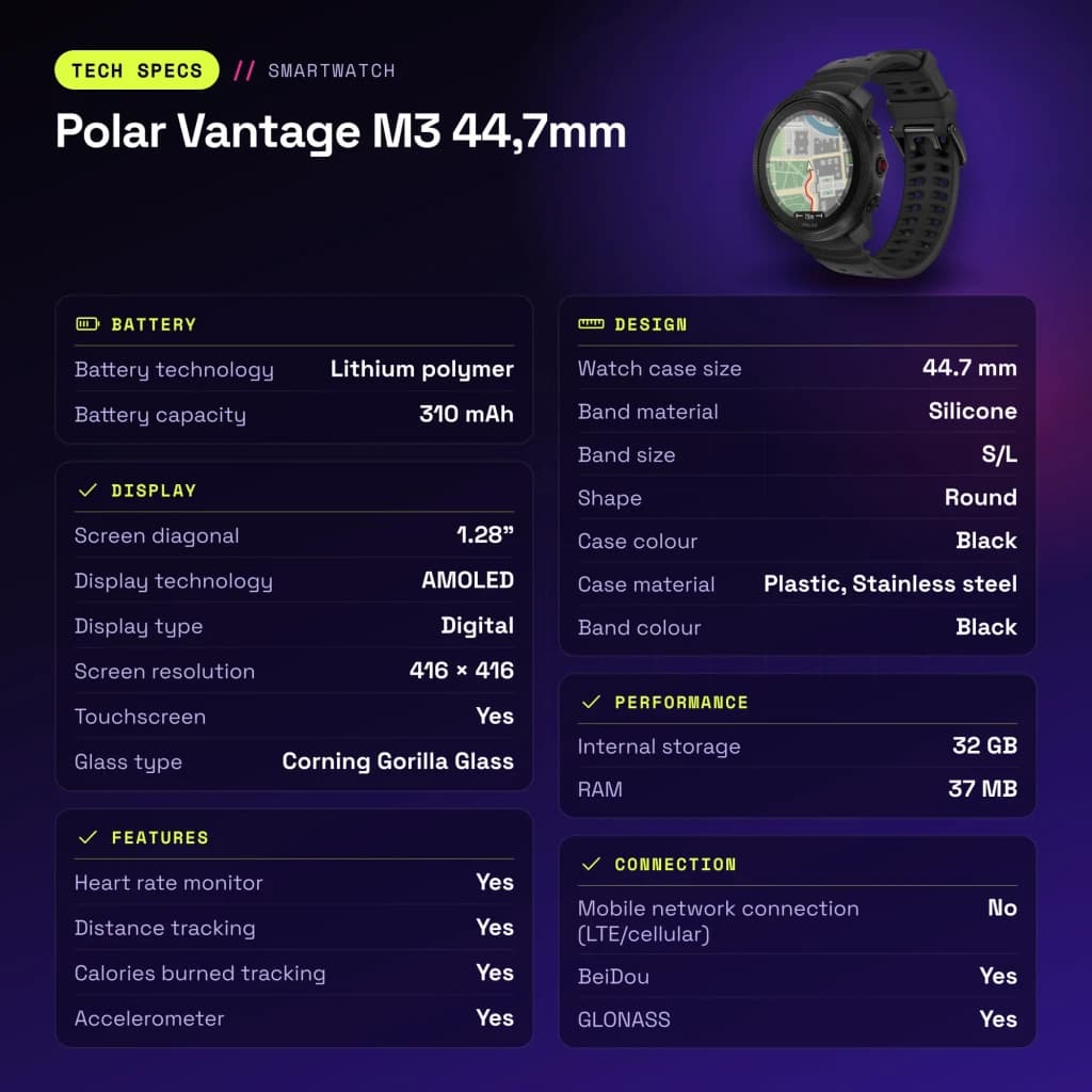 Polar Vantage M3 44,7mm GPS 90h FC, SpO2, Température Cutanée Noir - caractéristiques, 44,7 mm
