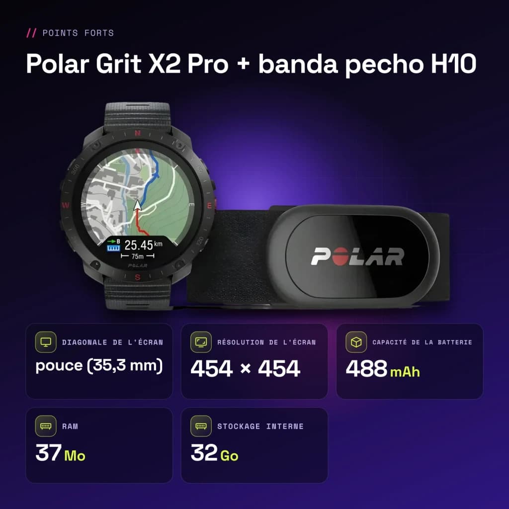 Polar Grit X2 Pro + cinta de peito H10 1.39 polegadas GPS Mapas offline Bateria 10 Dias Preto - características, 488 mAh