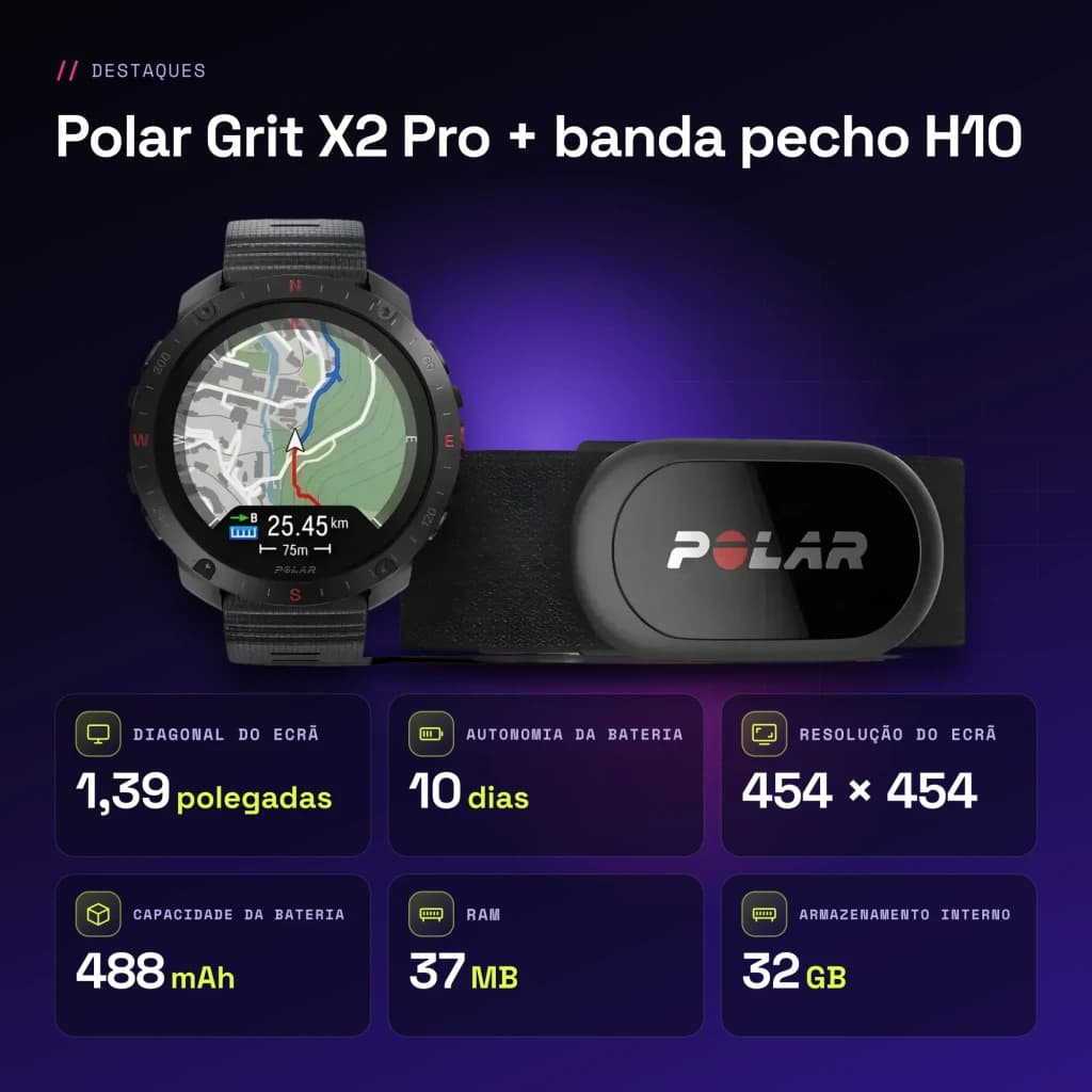 Polar Grit X2 Pro + cinta de peito H10 1.39 polegadas GPS Mapas offline Bateria 10 Dias Preto - características, 275 MHz