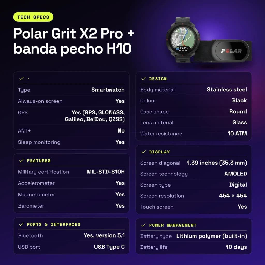 Polar Grit X2 Pro + cinta de peito H10 1.39 polegadas GPS Mapas offline Bateria 10 Dias Preto - características, 32 GB