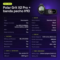 Polar Grit X2 Pro + cinta de peito H10 1.39 polegadas GPS Mapas offline Bateria 10 Dias Preto - características, 32 GB
