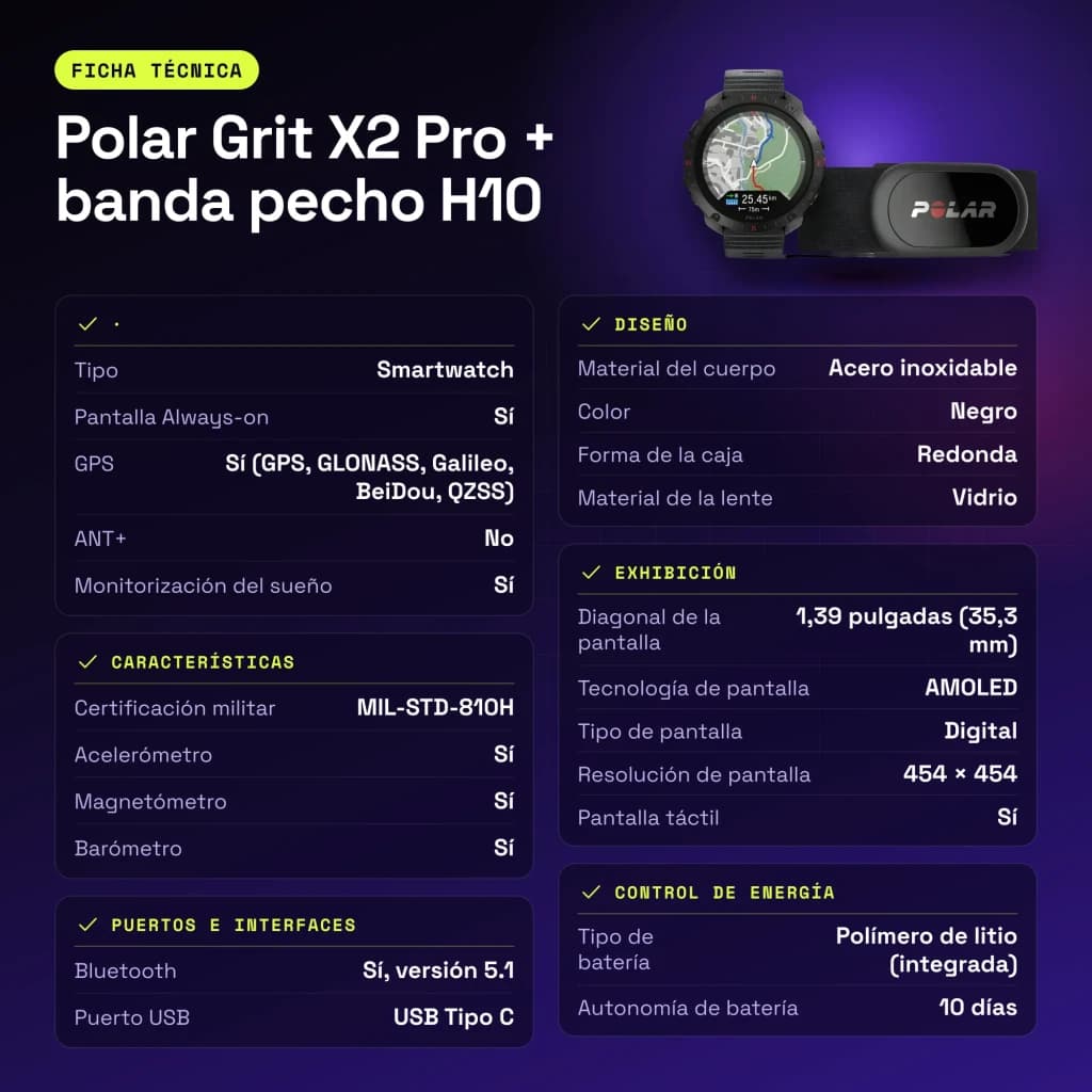 Polar Grit X2 Pro + cinta de peito H10 1.39 polegadas GPS Mapas offline Bateria 10 Dias Preto - características, 37 MB