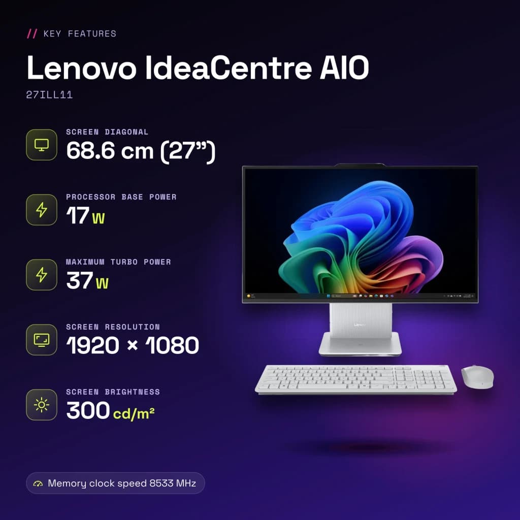 All-in-One Lenovo IdeaCentre AIO 16GB/512GB SSD Gris Intel Core Ultra 7 256V NVMe PCIe 4.0 27ILL11 - características, 12 MB