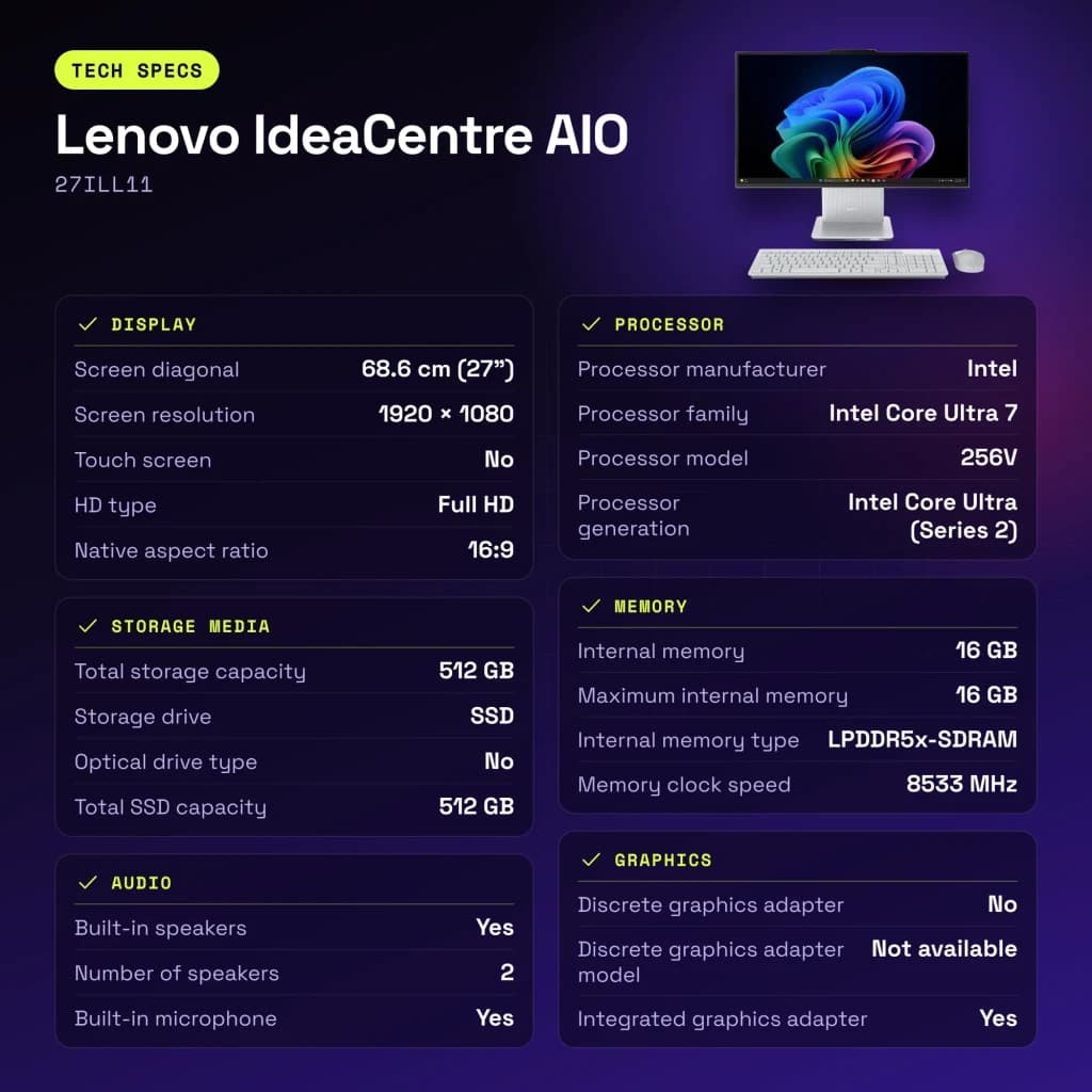 All-in-One Lenovo IdeaCentre AIO 16GB/512GB SSD Gris Intel Core Ultra 7 256V NVMe PCIe 4.0 27ILL11 - características, 5 MP