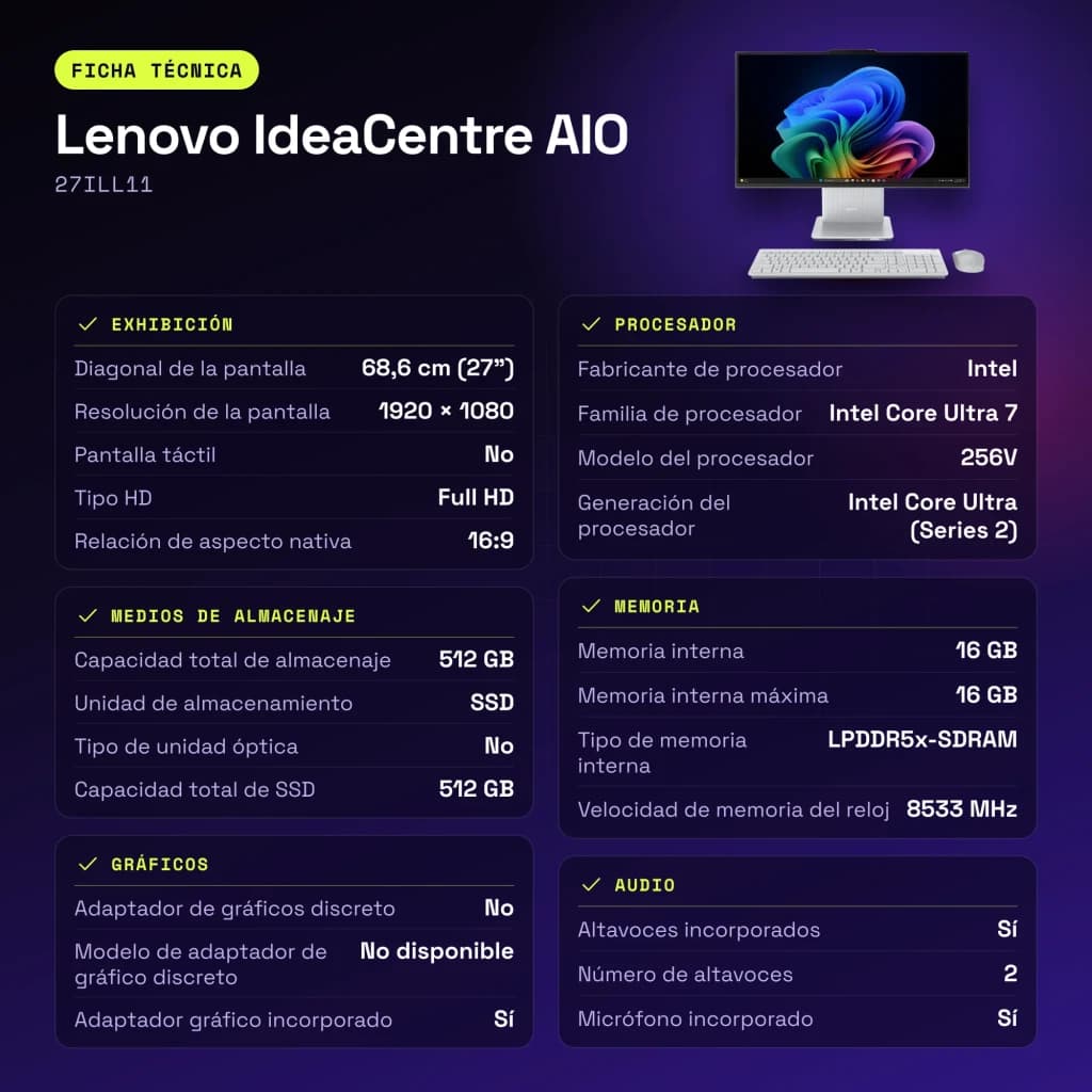 All-in-One Lenovo IdeaCentre AIO 16GB/512GB SSD Gris Intel Core Ultra 7 256V NVMe PCIe 4.0 27ILL11 - características, 512 GB