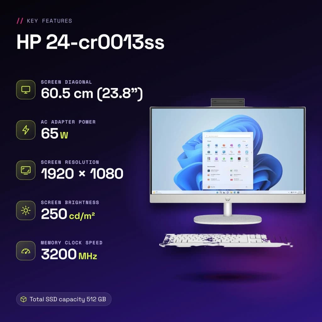 All-in-One HP 8GB/512GB SSD Blanco Intel Core i3-N300 23,8 pulgadas Sin Sistema Operativo 24-cr0013ss - características, IPS