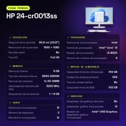 All-in-One HP 8GB/512GB SSD Blanco Intel Core i3-N300 23,8 pulgadas Sin Sistema Operativo 24-cr0013ss - características, 8 GB