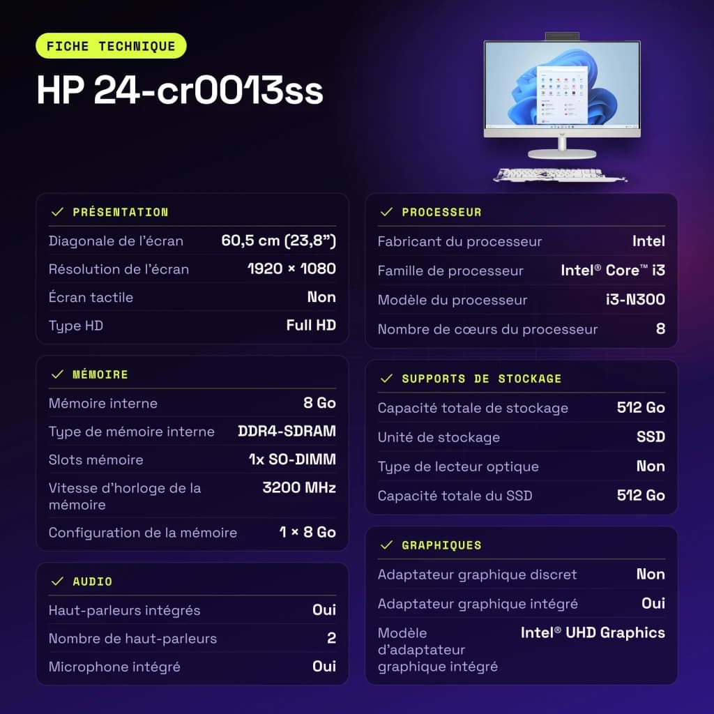 All-in-One HP 8GB/512GB SSD Blanco Intel Core i3-N300 23,8 pulgadas Sin Sistema Operativo 24-cr0013ss - 1 x 8 GB