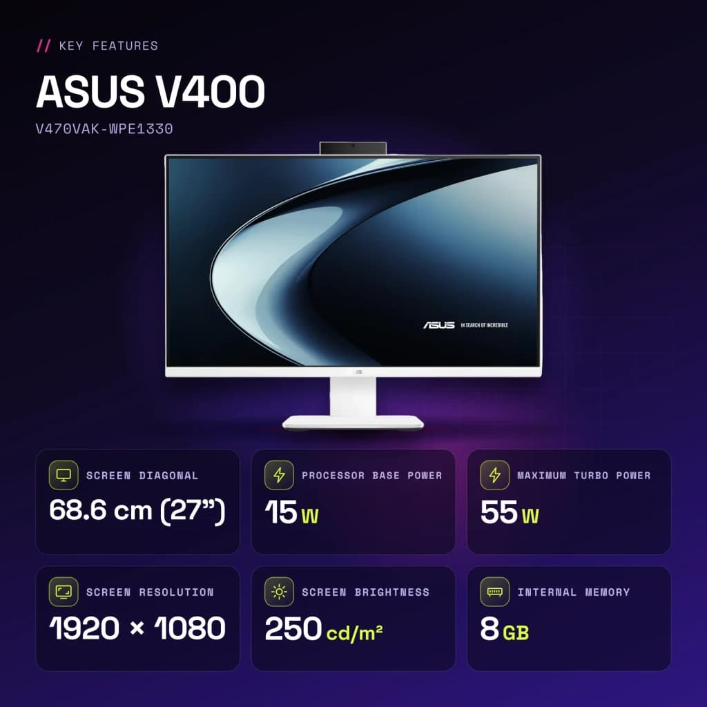 All-in-One ASUS V400 8GB/512GB SSD Blanco Intel Core 3 100U NVMe PCIe 4.0 27 pulgadas Full HD IPS V470VAK-WPE1330 - 32 GB
