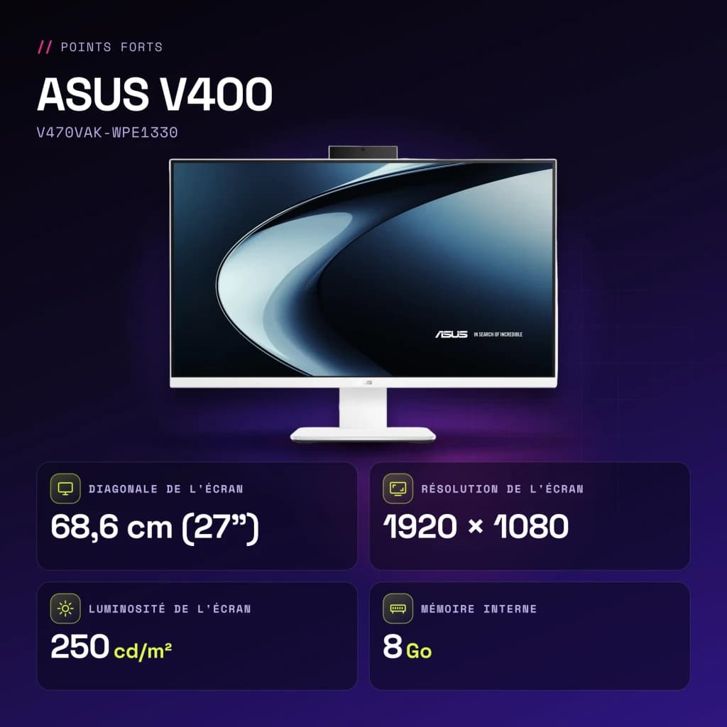 All-in-One ASUS V400 8GB/512GB SSD Blanco Intel Core 3 100U NVMe PCIe 4.0 27 pulgadas Full HD IPS V470VAK-WPE1330 - 512 GB