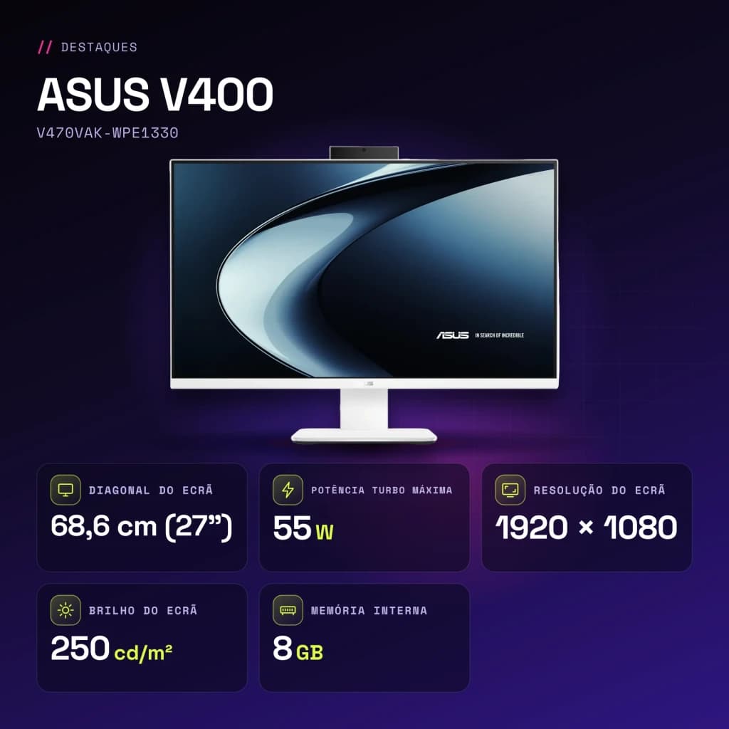 All-in-One ASUS V400 8GB/512GB SSD Blanco Intel Core 3 100U NVMe PCIe 4.0 27 pulgadas Full HD IPS V470VAK-WPE1330 - WiFi 6.0