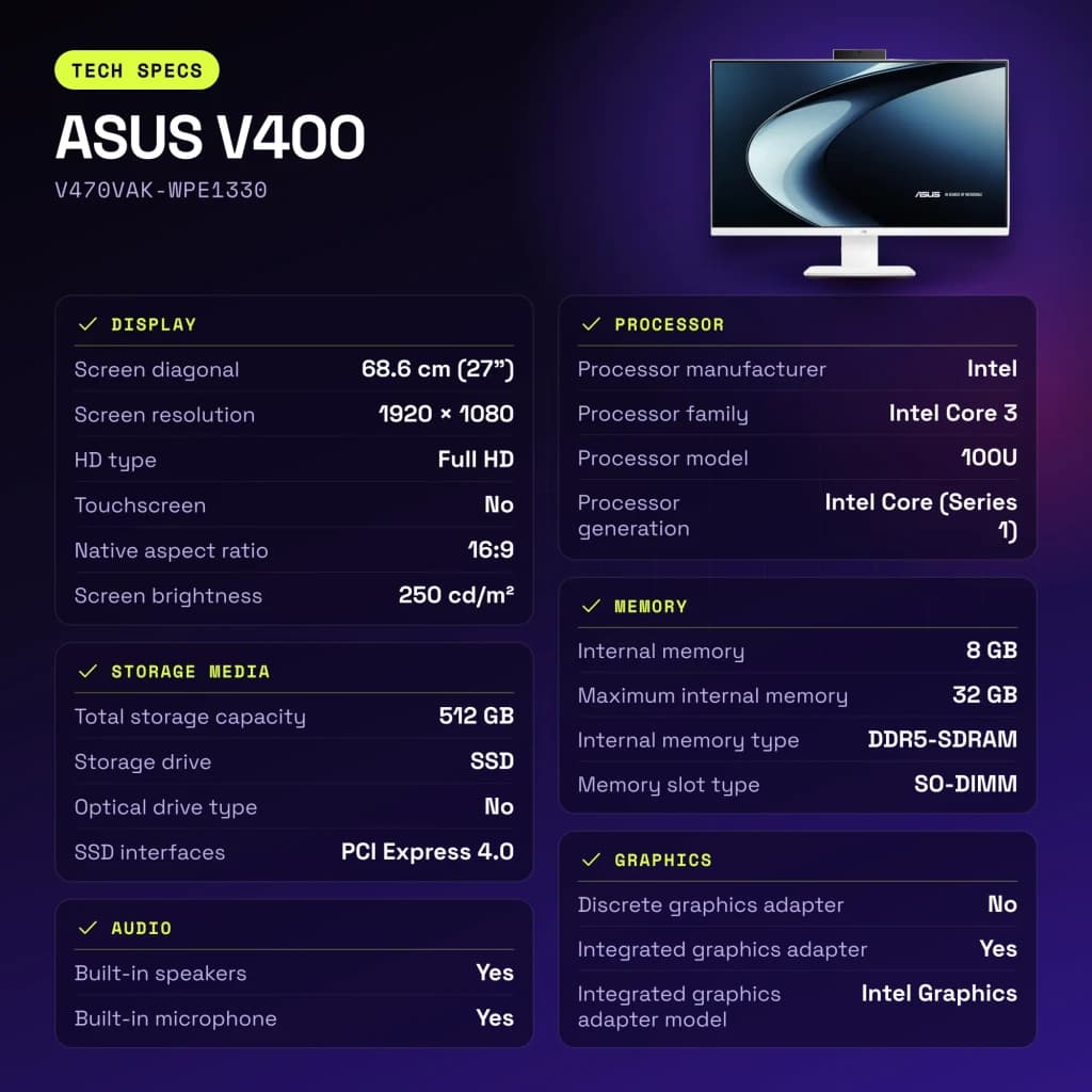 All-in-One ASUS V400 8GB/512GB SSD Blanco Intel Core 3 100U NVMe PCIe 4.0 27 pulgadas Full HD IPS V470VAK-WPE1330