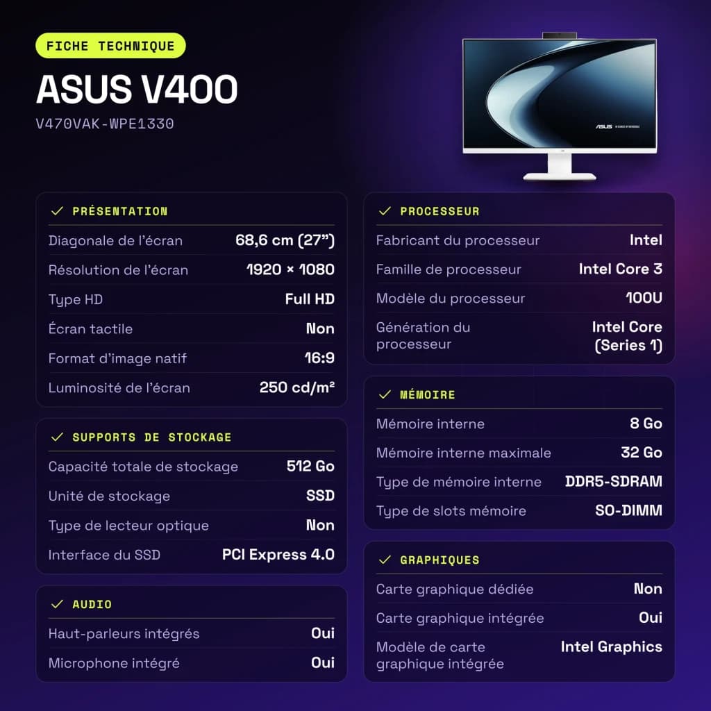 All-in-One ASUS V400 8GB/512GB SSD Blanco Intel Core 3 100U NVMe PCIe 4.0 27 pulgadas Full HD IPS V470VAK-WPE1330