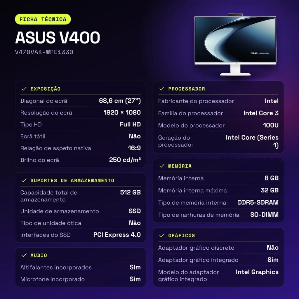 All-in-One ASUS V400 8GB/512GB SSD Blanco Intel Core 3 100U NVMe PCIe 4.0 27 pulgadas Full HD IPS V470VAK-WPE1330