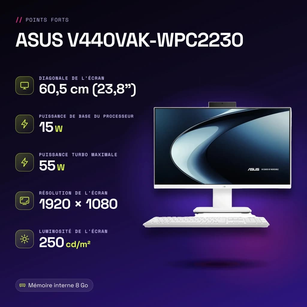 All-in-One ASUS 8GB/512GB SSD Blanco Intel Core 3 100U NVMe PCIe 4.0 M.2 23.8 pulgadas V440VAK-WPC2230 - 10 MB