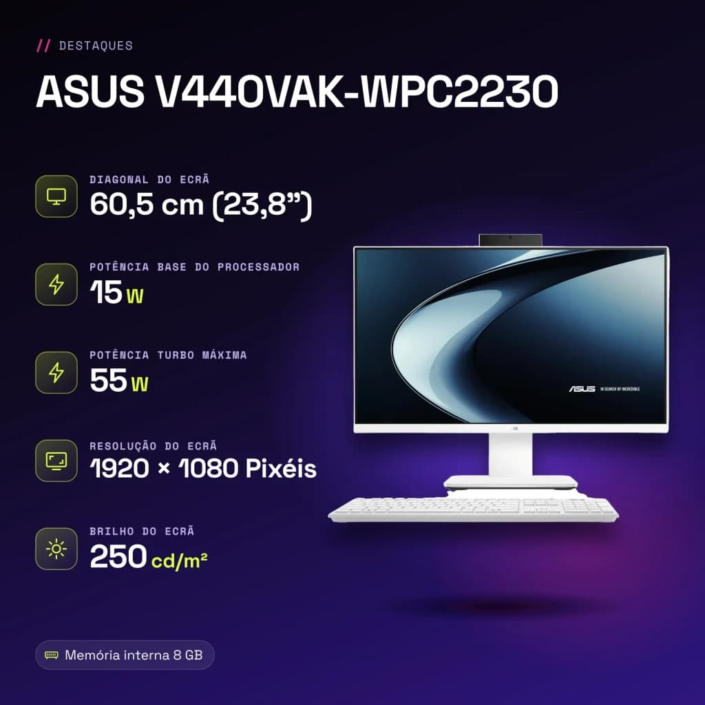 All-in-One ASUS 8GB/512GB SSD Blanco Intel Core 3 100U NVMe PCIe 4.0 M.2 23.8 pulgadas V440VAK-WPC2230 - 8 GB