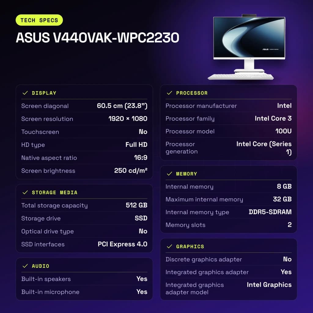 All-in-One ASUS 8GB/512GB SSD Blanco Intel Core 3 100U NVMe PCIe 4.0 M.2 23.8 pulgadas V440VAK-WPC2230 - 1 x 8 GB
