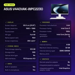 All-in-One ASUS 8GB/512GB SSD Blanco Intel Core 3 100U NVMe PCIe 4.0 M.2 23.8 pulgadas V440VAK-WPC2230 - 1 x 8 GB