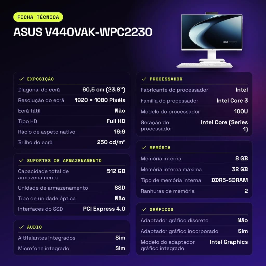 All-in-One ASUS 8GB/512GB SSD Blanco Intel Core 3 100U NVMe PCIe 4.0 M.2 23.8 pulgadas V440VAK-WPC2230 - WiFi 6.0