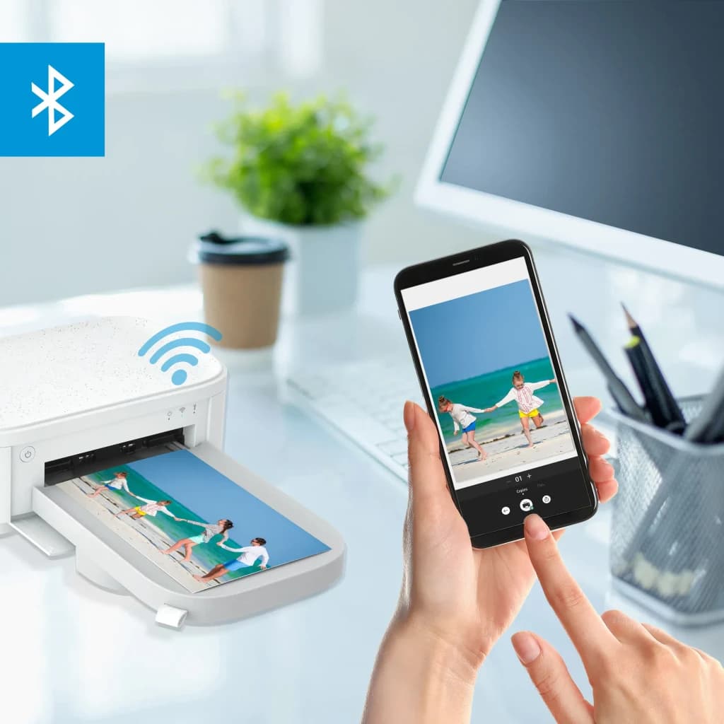Imprimante photo HP Sprocket Studio Plus Sublimation d'encre WiFi Blanc - impression sans fil depuis smartphone