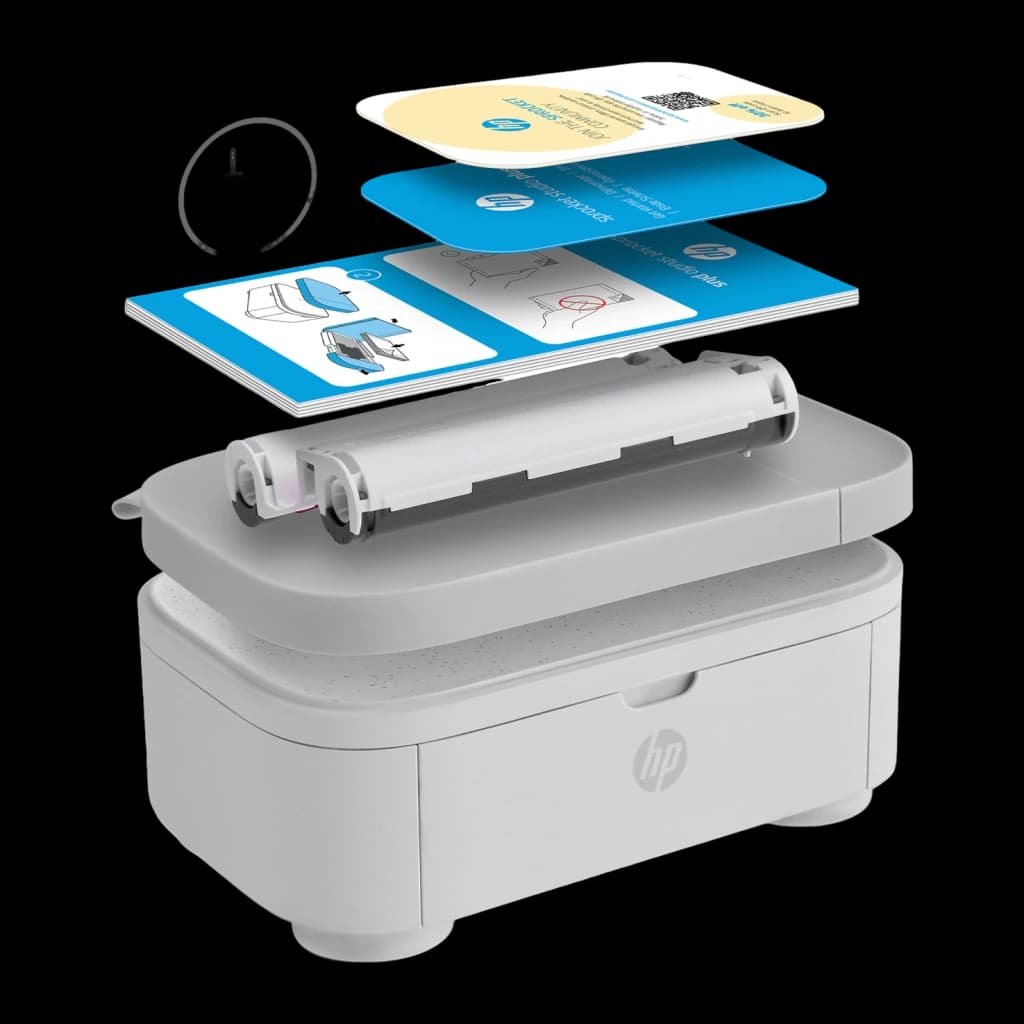 Imprimante photo HP Sprocket Studio Plus Sublimation d'encre WiFi Blanc - couvercle ouvert avec rouleau