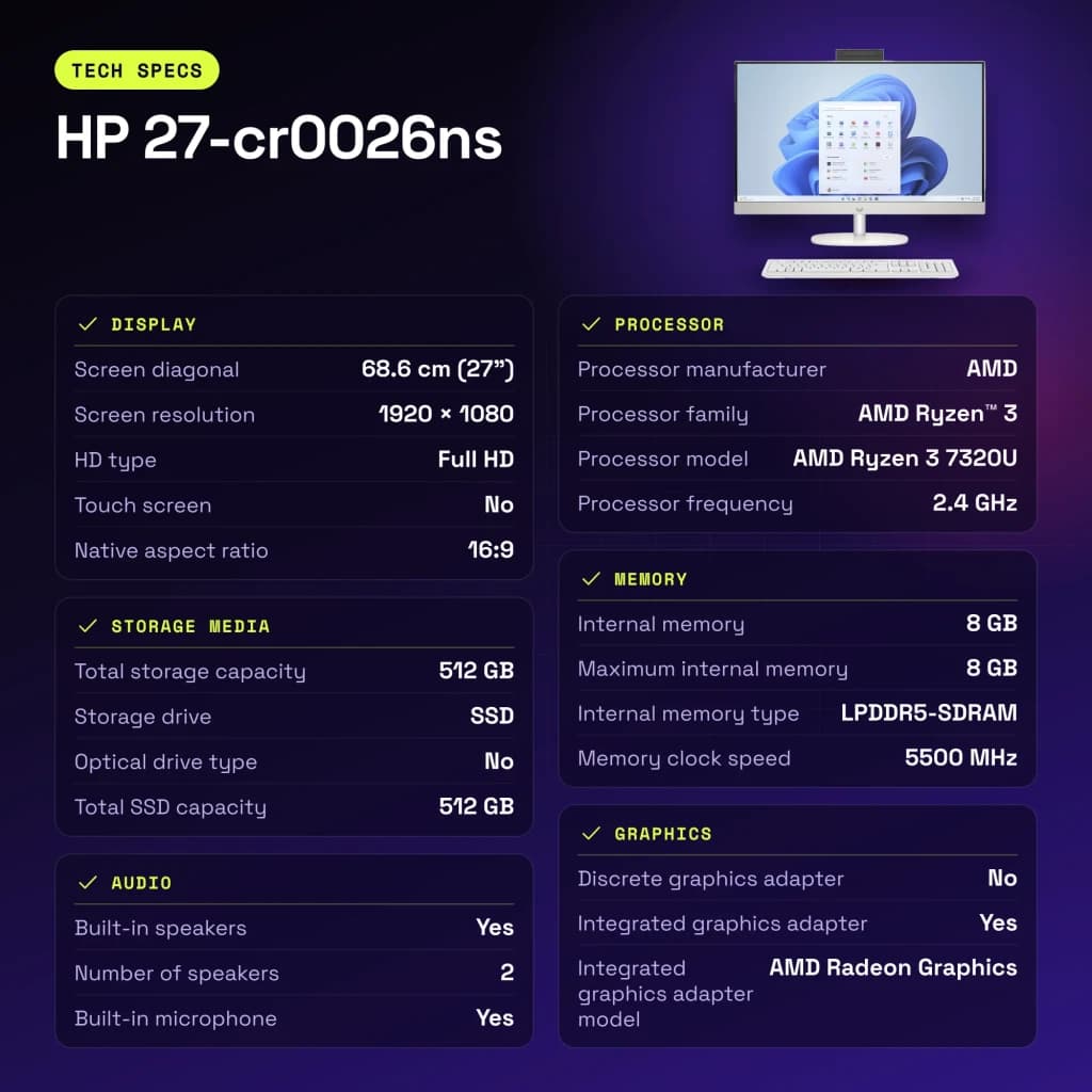 All-in-One HP 8GB/512GB Blanco AMD Ryzen 3 7320U SSD NVMe M.2 27 pulgadas 27-cr0026ns - características, 4 MB