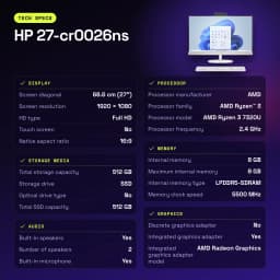All-in-One HP 8GB/512GB Blanco AMD Ryzen 3 7320U SSD NVMe M.2 27 pulgadas 27-cr0026ns - características, 4 MB