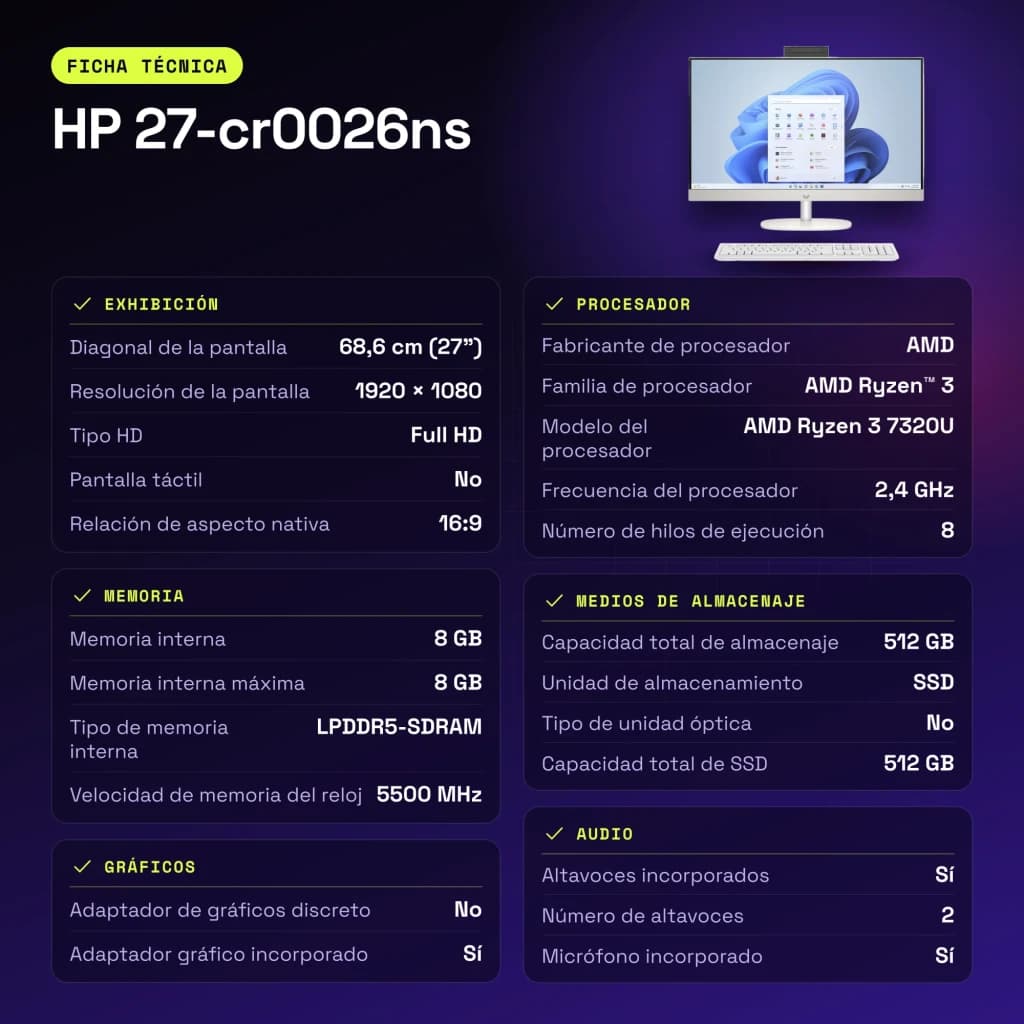 All-in-One HP 8GB/512GB Blanco AMD Ryzen 3 7320U SSD NVMe M.2 27 pulgadas 27-cr0026ns - características, 4,1 GHz
