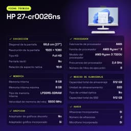 All-in-One HP 8GB/512GB Blanco AMD Ryzen 3 7320U SSD NVMe M.2 27 pulgadas 27-cr0026ns - características, 4,1 GHz