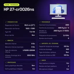 All-in-One HP 8GB/512GB Blanco AMD Ryzen 3 7320U SSD NVMe M.2 27 pulgadas 27-cr0026ns - características, 8 GB