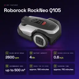 Robot tondeuse Roborock RockNeo Q105 RTK + AI Vision 100min - caractéristiques, 2600 rpm