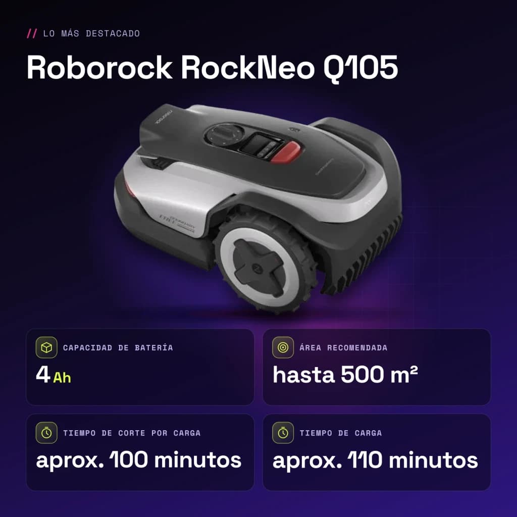Robot tondeuse Roborock RockNeo Q105 RTK + AI Vision 100min - caractéristiques