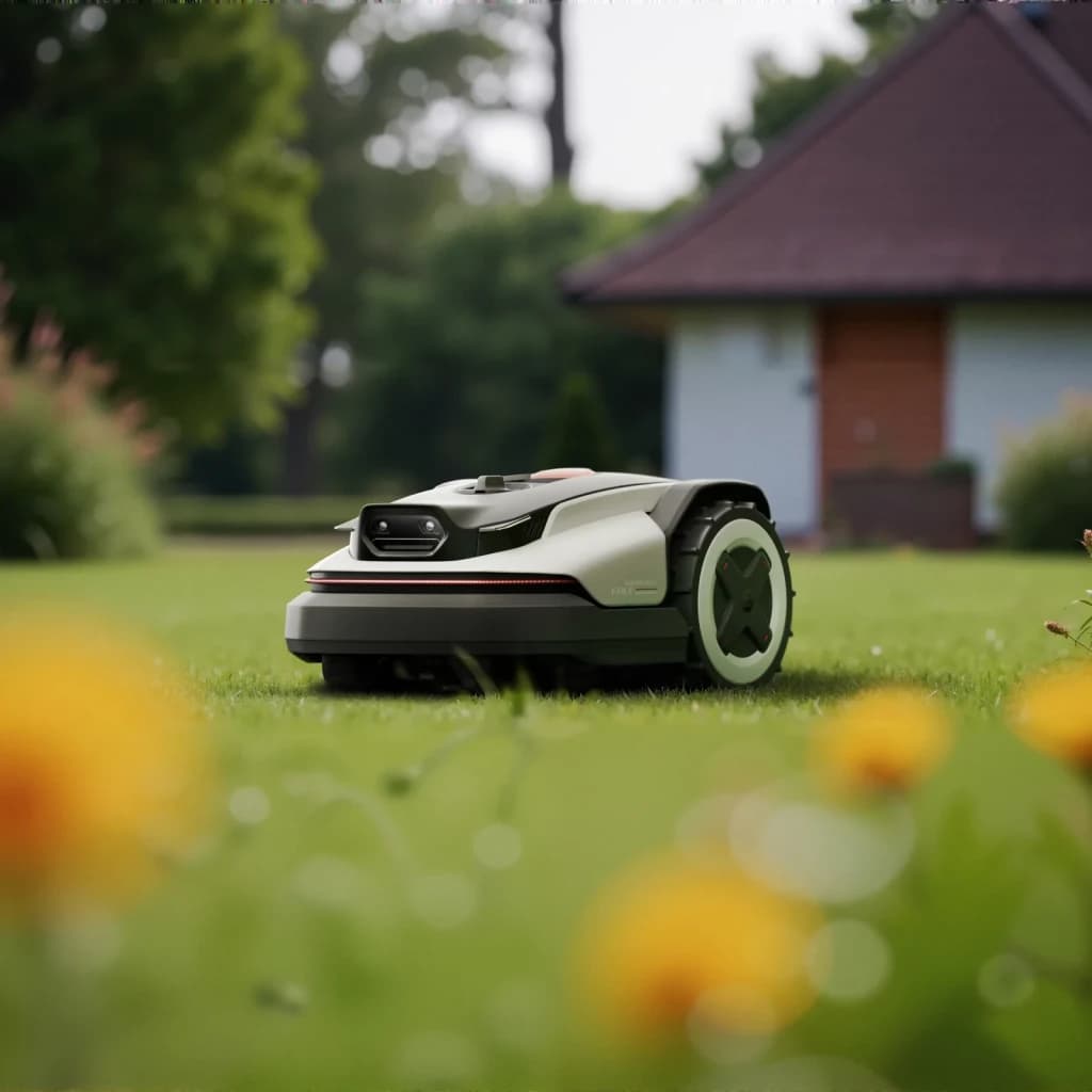 Robot tondeuse Roborock RockNeo Q105 RTK + AI Vision 100min - tonte de pelouse dans jardin avec maison