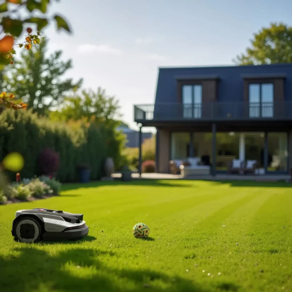 Robot tondeuse Roborock RockNeo Q105 RTK + AI Vision 100min - tonte de pelouse rayée avec ballon proche et maison