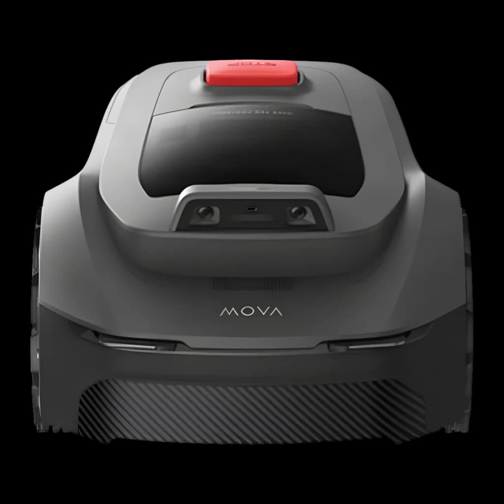 Robot tondeuse Roborock RockNeo Q105 RTK + AI Vision 100min - module caméras AI, bouton rouge et logo MOVA