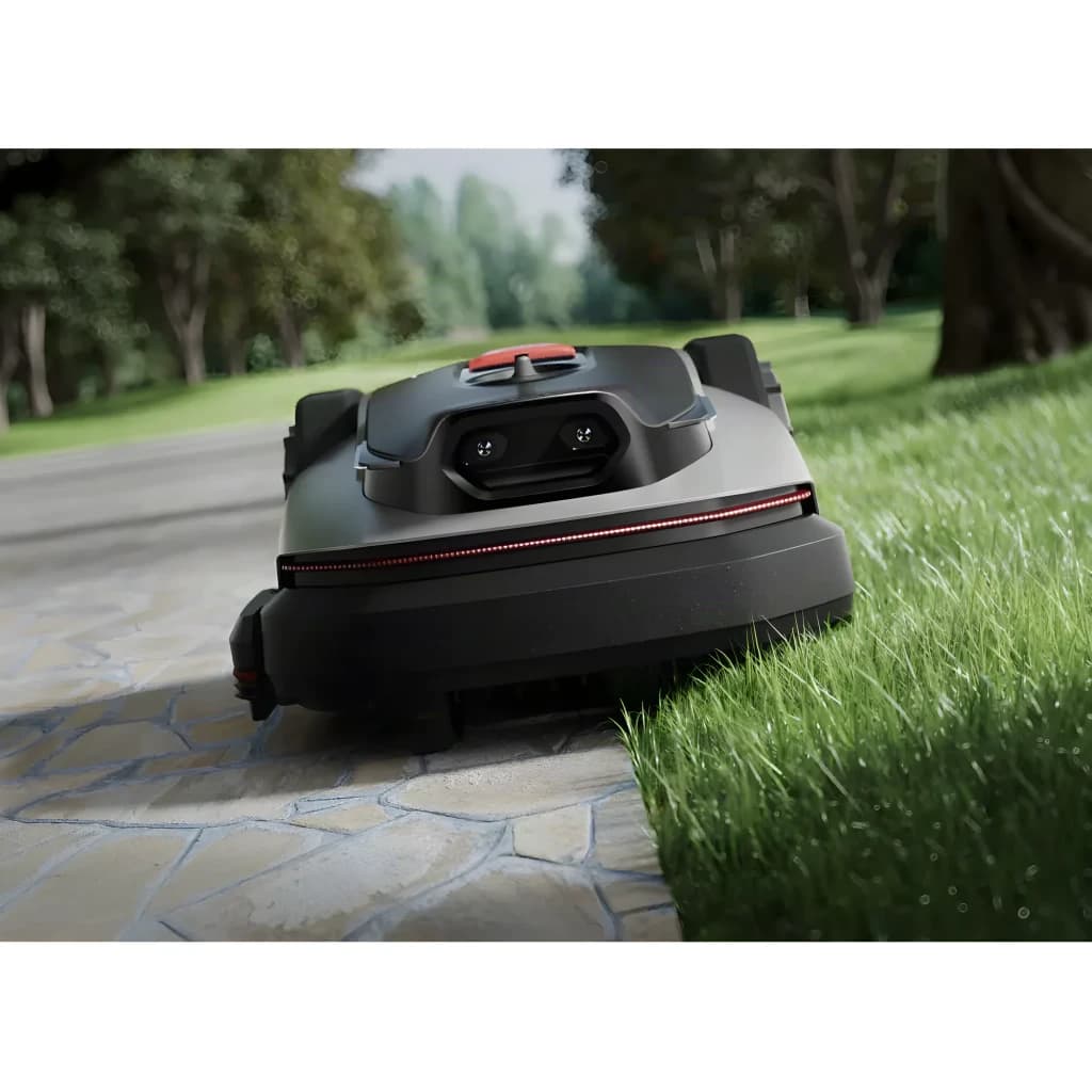 Robot tondeuse Roborock RockNeo Q105 RTK + AI Vision 100min - module caméras AI, bandeau LED rouge et bouton rouge