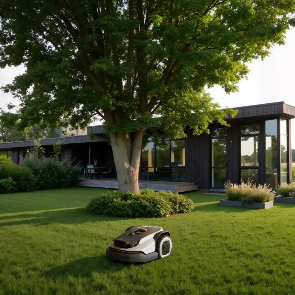 Robot tondeuse Roborock RockNeo Q105 RTK + AI Vision 100min - tonte devant maison moderne avec grand arbre