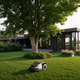Robot tondeuse Roborock RockNeo Q105 RTK + AI Vision 100min - tonte devant maison moderne avec grand arbre