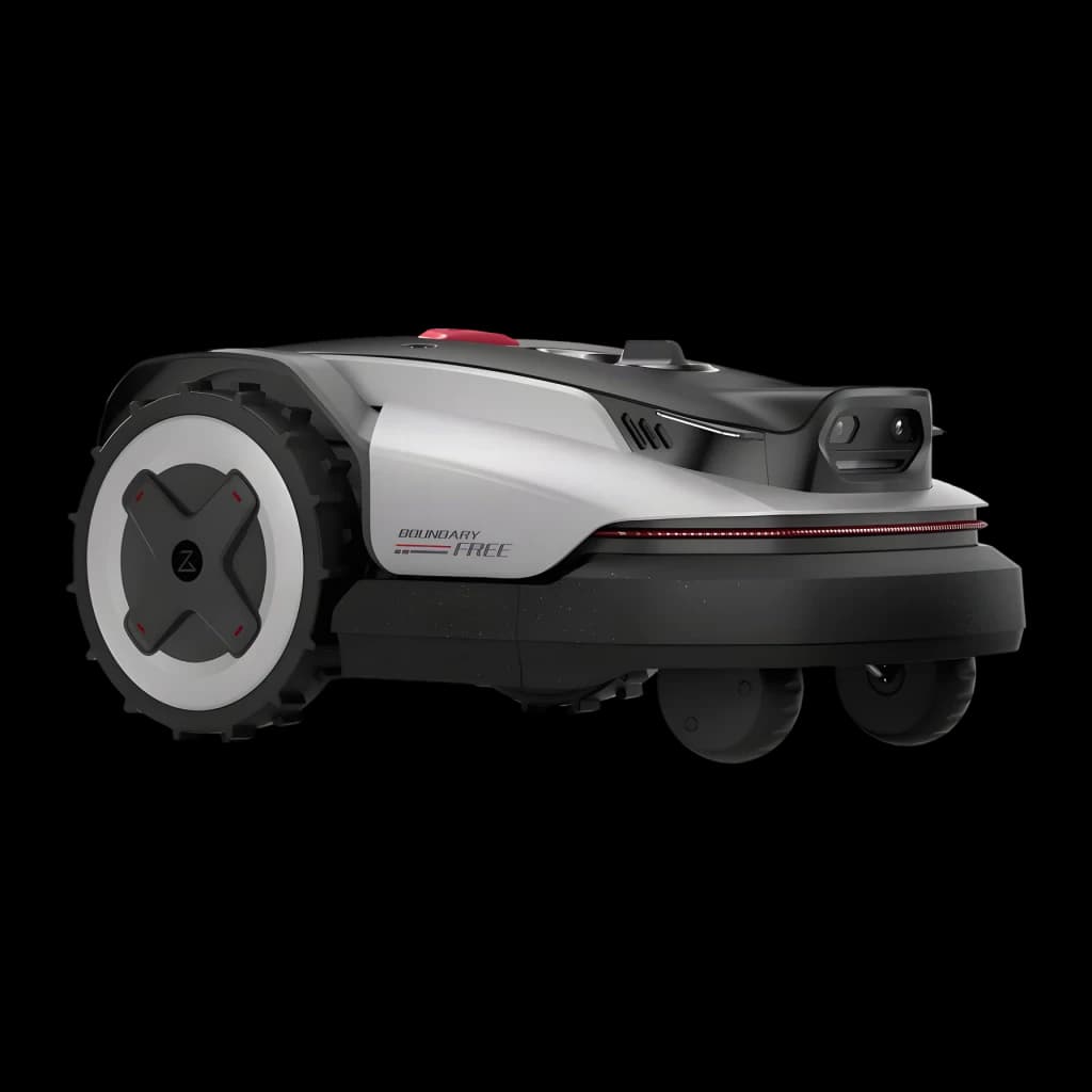 Robot tondeuse Roborock RockNeo Q105 RTK + AI Vision 100min - roue crantée, logo Boundary Free et module caméra