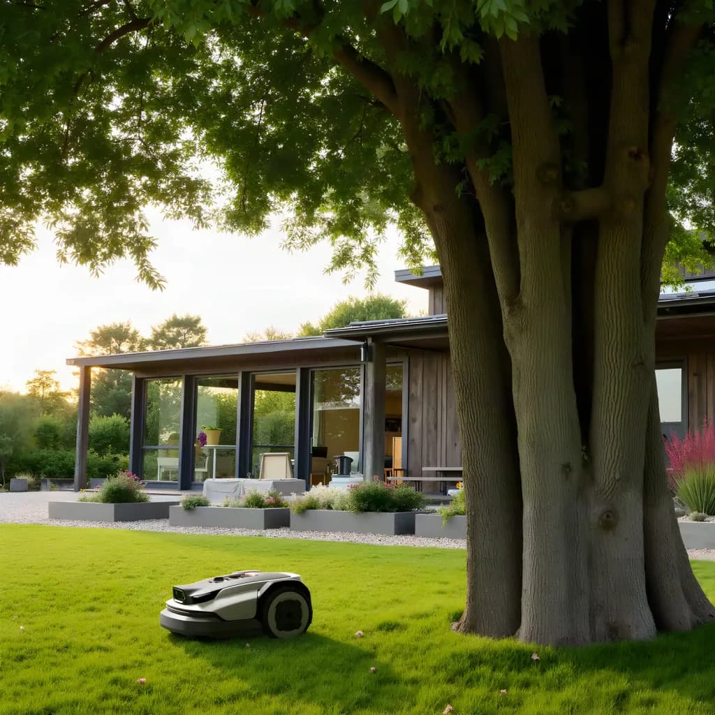 Robot tondeuse Roborock RockNeo Q105 RTK + AI Vision 100min - tonte près d'un grand arbre devant maison moderne