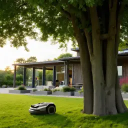 Robot tondeuse Roborock RockNeo Q105 RTK + AI Vision 100min - tonte près d'un grand arbre devant maison moderne