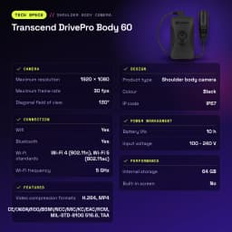 Cámara corporal Transcend DrivePro Body 60 WiFi Full HD 1080p IP67 Negro - características, 52,2 mm
