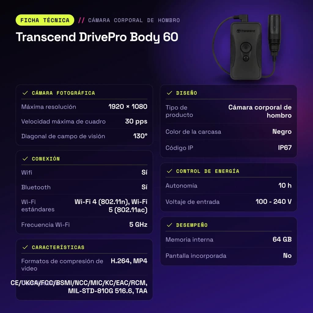 Cámara corporal Transcend DrivePro Body 60 WiFi Full HD 1080p IP67 Negro - características, H.264, MP4