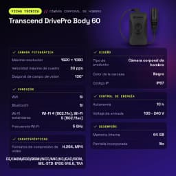 Cámara corporal Transcend DrivePro Body 60 WiFi Full HD 1080p IP67 Negro - características, H.264, MP4