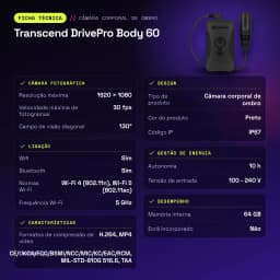 Cámara corporal Transcend DrivePro Body 60 WiFi Full HD 1080p IP67 Negro - características, 24,9 mm