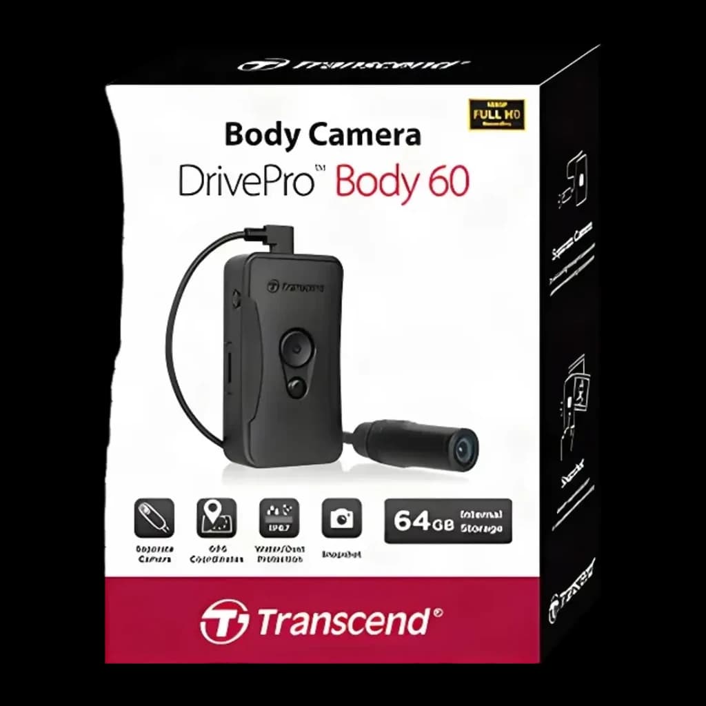 Cámara corporal Transcend DrivePro Body 60 WiFi Full HD 1080p IP67 Negro - packaging frontal con unidad y lente
