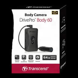 Cámara corporal Transcend DrivePro Body 60 WiFi Full HD 1080p IP67 Negro - packaging frontal con unidad y lente