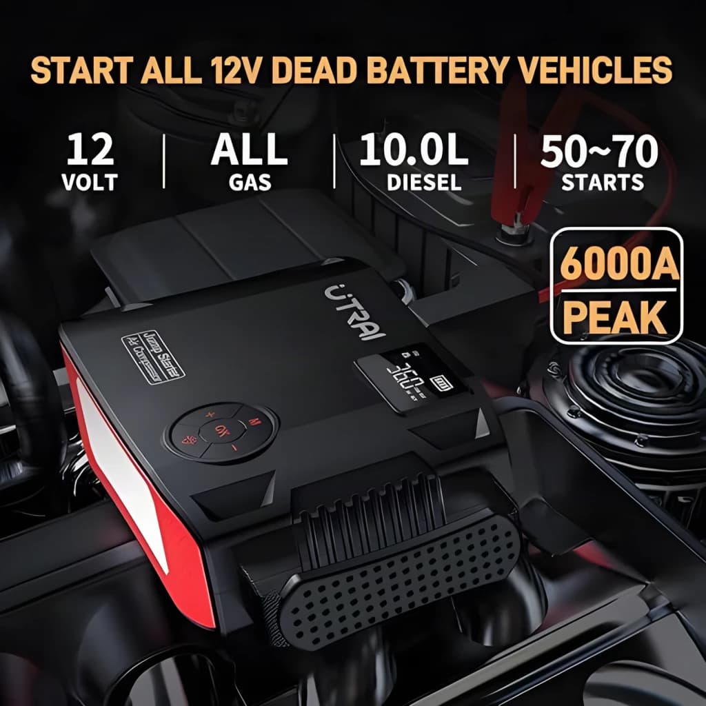Arrancador de Bateria UTRAI JS5 1600A até 8L Gasolina / 6,5L Diesel - unidade preta e vermelha sobre motor