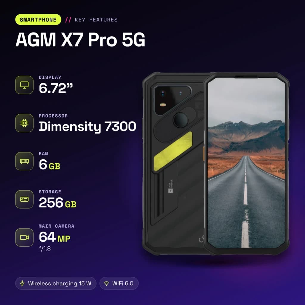 AGM X7 Pro 5G Noir 6Go/256Go MIL-STD-810H 10000mAh Vision Thermique 25fps - caractéristiques, 120 Hz